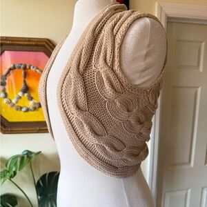 Y2K Tan Cotton Cable Knit Mini Vest Shrug